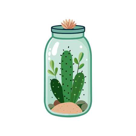 Cartoon illustration of a cactus and plants inside a glass jar terrariumのイラスト素材