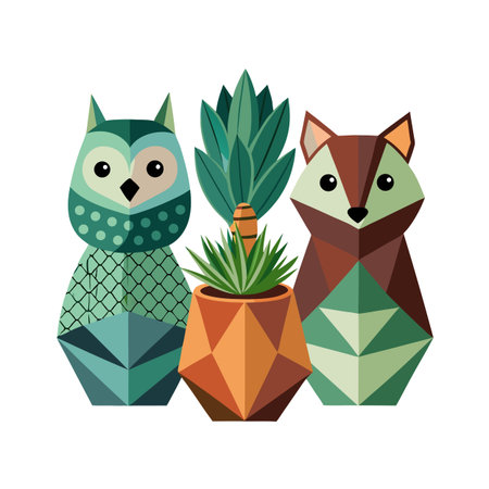 Stylized geometric owl, potted plant, and fox illustration on a white backgroundのイラスト素材