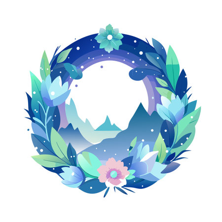 Stylized floral wreath with mountain scenery, snow and vibrant blue and green gradientsのイラスト素材