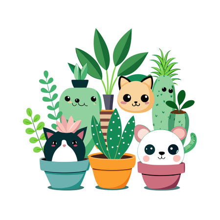 Cartoon Animals in Flower Pots Surrounded by Green Plants on a White Backgroundのイラスト素材