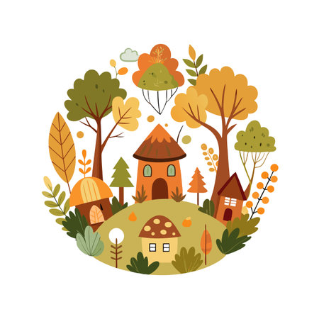 Enchanting Autumn Village Illustration with Mushroom Houses and Trees in Circular Compositionのイラスト素材