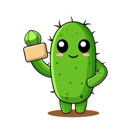 Cute Cartoon Cactus Holding Sign with Happy Expression Isolated on White Backgroundのイラスト素材