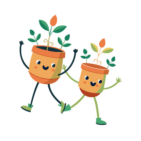 Cheerful Plant Pots Celebrating Growth and Friendship on White Backgroundのイラスト素材