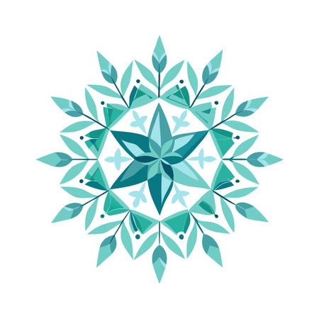 Teal and Turquoise Geometric Starburst with Floral Leaf Pattern on White Backgroundのイラスト素材