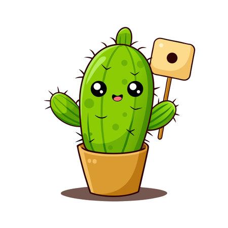 Cheerful cartoon cactus in pot holding sign, perfect for playful designs and plant-themed projectsのイラスト素材