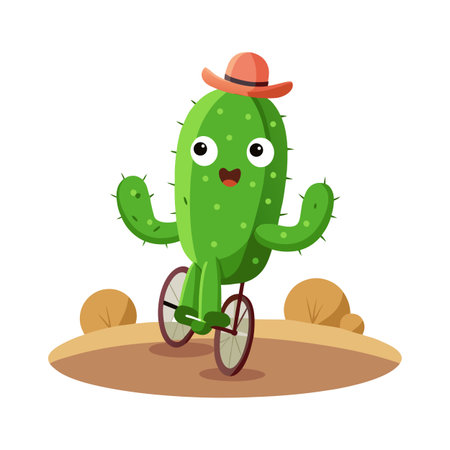 Cartoon cactus with a hat riding a bicycle on a sunny desert landscape.のイラスト素材