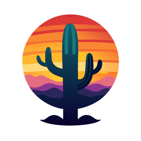 Cactus silhouette with desert sunset in round graphic, desert illustration, flat designのイラスト素材