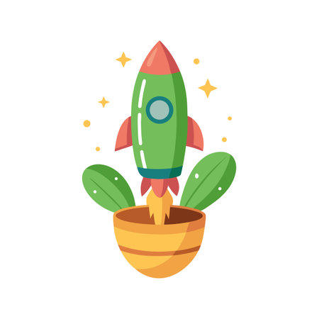 Whimsical Rocket Launch from a Plant Pot with Sparkling Stars, Flat Vector Illustrationのイラスト素材