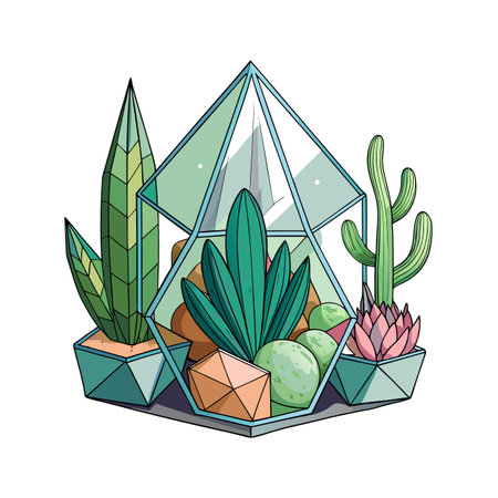 Geometric terrarium with various plants and stones in pots, isolated on white backgroundのイラスト素材