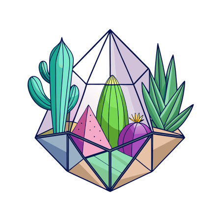 Geometric Terrarium with Succulents and Cacti: Modern Interior Decor and Plant Arrangementのイラスト素材