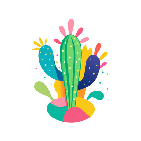 Stylized Cactus Illustration with Vibrant Colors and Playful Shapes on a White Backgroundのイラスト素材