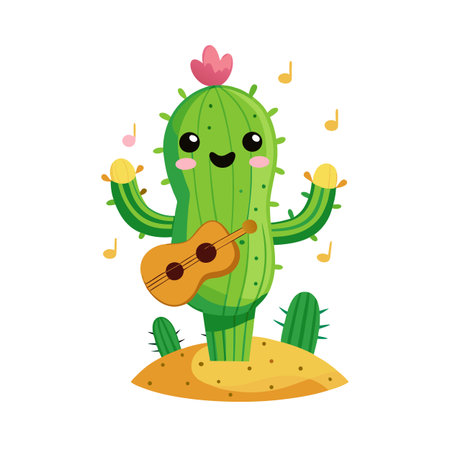 Cute Cartoon Cactus Character Playing Guitar with Musical Notes Illustrationのイラスト素材