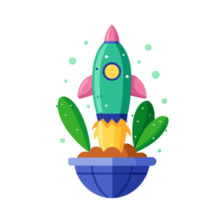 Whimsical Startup Rocket Launching From a Plant Pot in a Colorful Flat Designのイラスト素材