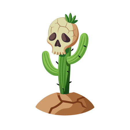 Humorous Desert Scene: A Cartoon Skull Topping a Vibrant Green Cactus on Cracked Earthのイラスト素材