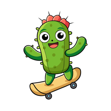 Cartoon Cactus Character Riding Skateboard with a Smiling Expression, Illustration on Whiteのイラスト素材