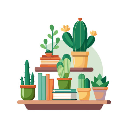 Stylized Illustration of Shelves with Potted Plants and Books for Home Decorのイラスト素材