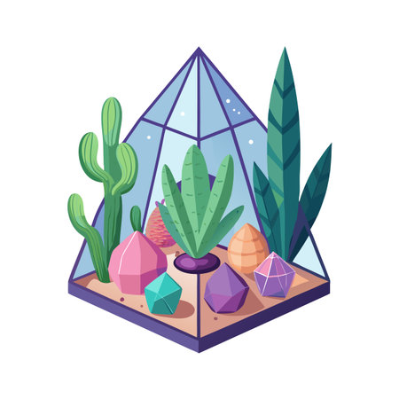 Isometric terrarium with cacti, succulents and crystal gemstones, botanical illustration against white backdropのイラスト素材