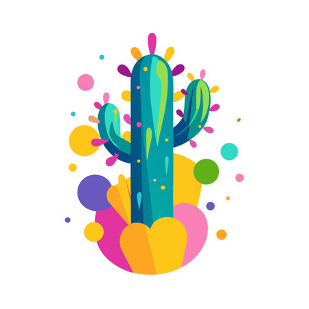 Whimsical Cactus Illustration with Colorful Geometric Shapes on White Backgroundのイラスト素材