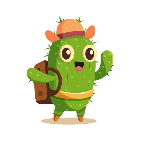 Cartoon Cactus Character with Backpack Waving Hello on White Background for Design Projectsのイラスト素材