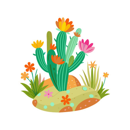 Stylized Cactus and Desert Flora Illustration for Design Projects or Decorative Purposesのイラスト素材