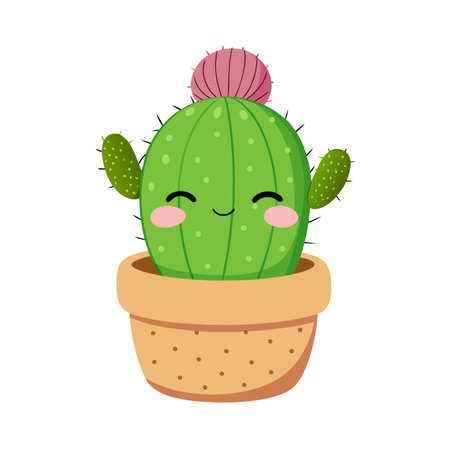 Cartoon Cactus Illustration: Cheerful Succulent in a Pot, Flat Design Style for Childrenのイラスト素材