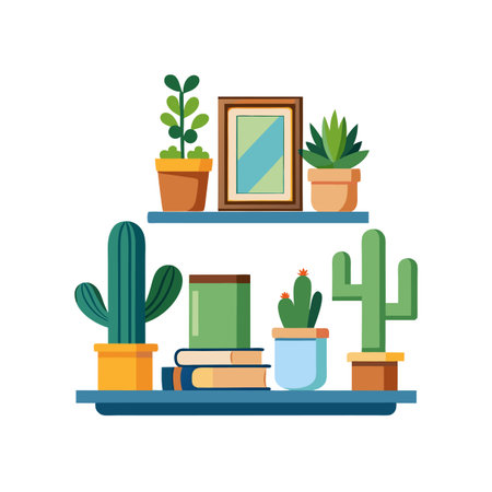 Shelves with Potted Plants and Books, Minimalist Illustration of Interior Decorationのイラスト素材