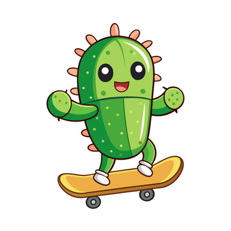 Cartoon Cactus Character Riding a Skateboard, Expressing Joy and Playfulness in a Lighthearted Designのイラスト素材