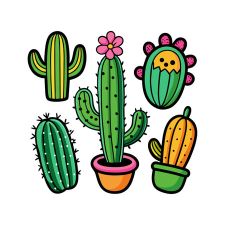 Group of cartoon cacti with different shapes and colors, isolated on white backgroundのイラスト素材