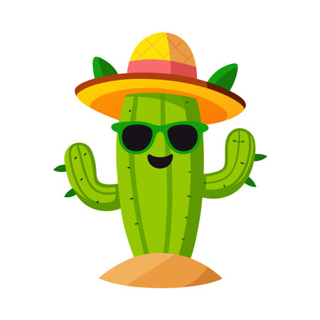Cartoon cactus character wearing sunglasses and a sombrero on a white backgroundのイラスト素材