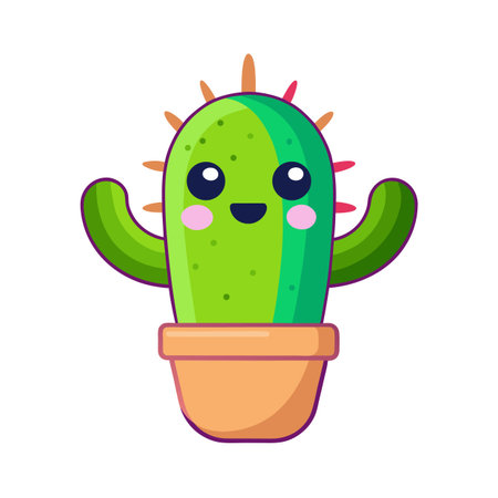 Cartoon cactus character in a terracotta pot with happy expression and waving armsのイラスト素材