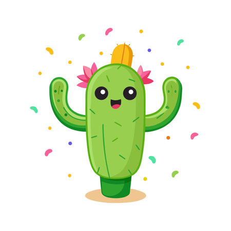 Happy Cartoon Cactus Celebrating with Confetti, Perfect for Children's Illustrations and Greeting Cardsのイラスト素材