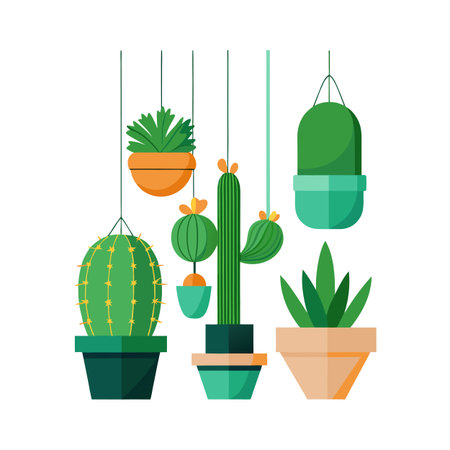 Collection of decorative potted plants and hanging cacti for modern interior decorのイラスト素材