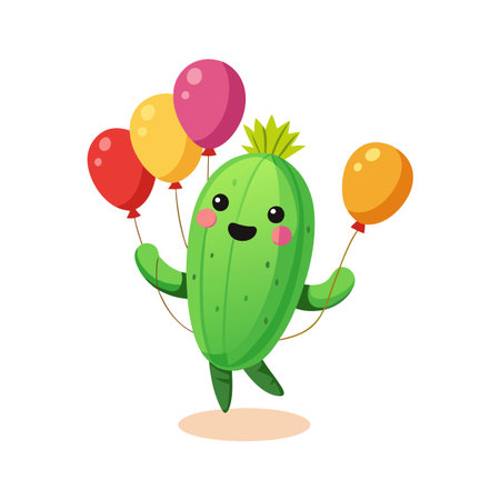 Happy Cartoon Cactus Character Holding Balloons for Celebration on Isolated White Backgroundのイラスト素材