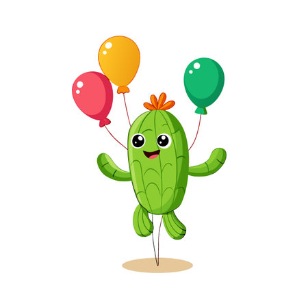 Cartoon Cactus Character Floating with Balloons on White Background, Celebratory Illustrationのイラスト素材