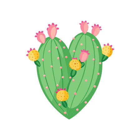 Stylized Heart-Shaped Cactus with Pink Flowers and Yellow Fruits on White Backgroundのイラスト素材