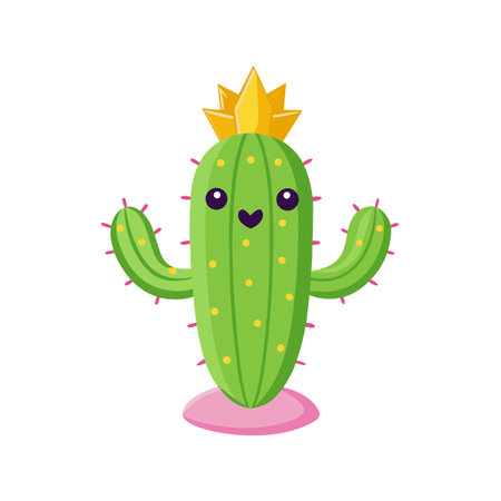 Cute Cactus Character with a Crown and Heart Shaped Mouth, Isolated on Whiteのイラスト素材