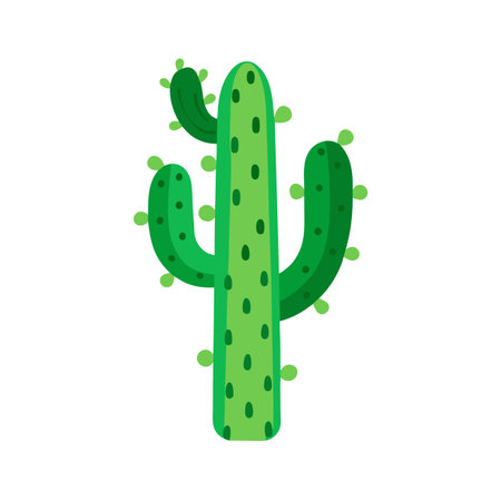 Cartoon Style Cactus Illustration on White Background Featuring Geometric Shapes and Green Color Paletteのイラスト素材
