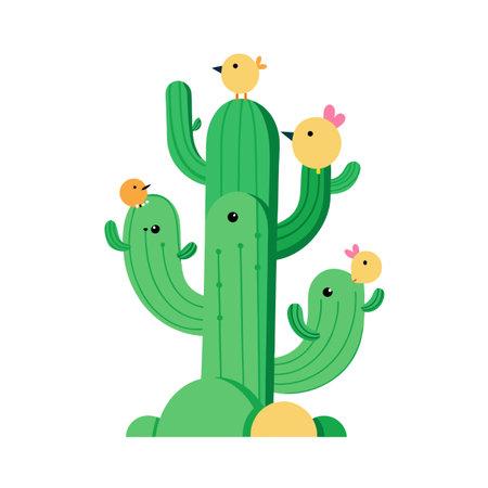 Stylized cactus with adorable birds illustration for children's books and educational materialsのイラスト素材