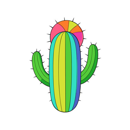 Vibrant cactus illustration with rainbow sunburst, perfect for summer designs and children's illustrationsのイラスト素材