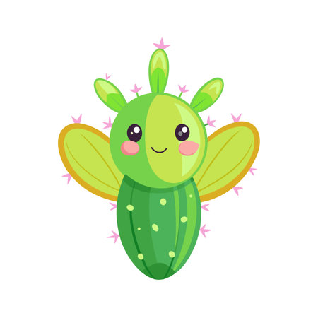 Cute Cartoon Cactus Character with Smiling Face and Pink Flowers in Flat Styleのイラスト素材