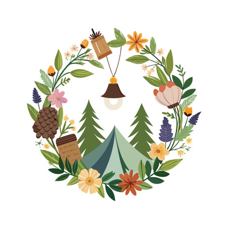 Bohemian Camping Adventure Illustration: Floral Wreath with Tent, Trees, and Rustic Elementsのイラスト素材
