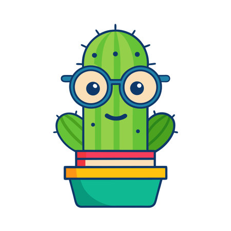 Whimsical Cartoon Cactus Character Wearing Glasses in a Pot on White Backgroundのイラスト素材