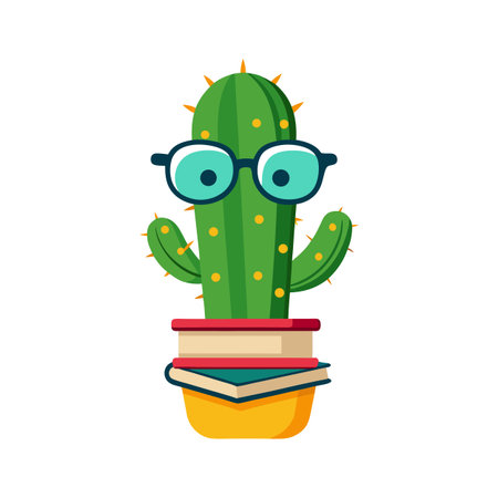 Cartoon cactus wearing glasses sitting on books in a pot, vector illustration.のイラスト素材