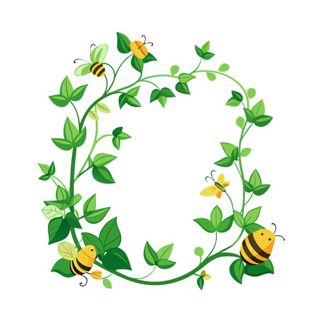 Bee and Floral Wreath Illustration with Green Leaves and Yellow Accents on White Backgroundのイラスト素材