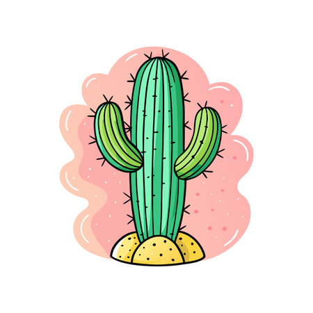 Isolated cartoon-style cactus with stylized background, desert plant illustration with light colorsのイラスト素材