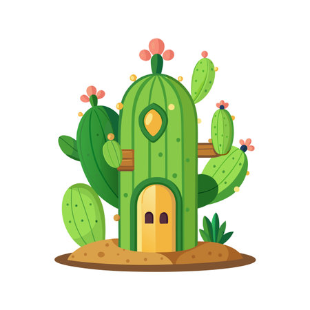 Whimsical Cactus House Illustration with Flowers and Desert Sand, Flat Styleのイラスト素材