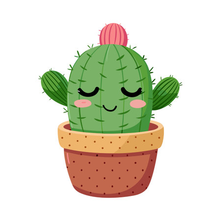 Smiling Cartoon Cactus in Flowerpot Illustration with Sleepy Eyes and Pink Bloomのイラスト素材