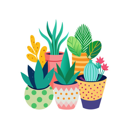 Collection of Potted Plants and Succulents in Decorative Containers on White Backgroundのイラスト素材
