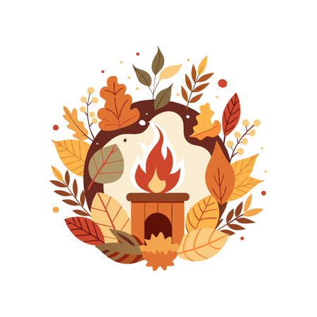 Cozy Autumn Fireplace Scene with Colorful Leaves and Warm Fire Illustrationのイラスト素材
