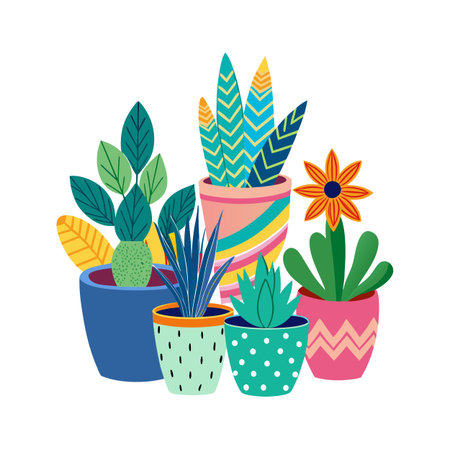 Colorful Potted Plants Collection in Flat Design Style for Home Decor or Interior Decoration Conceptのイラスト素材